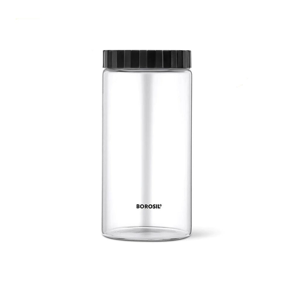 Borosil Endura Airtight Glass Storage Jar with PP Black Lid | Transparent | 1 Pc