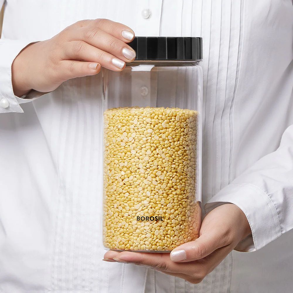 Borosil Endura Airtight Glass Storage Jar with PP Black Lid | Transparent | 1 Pc