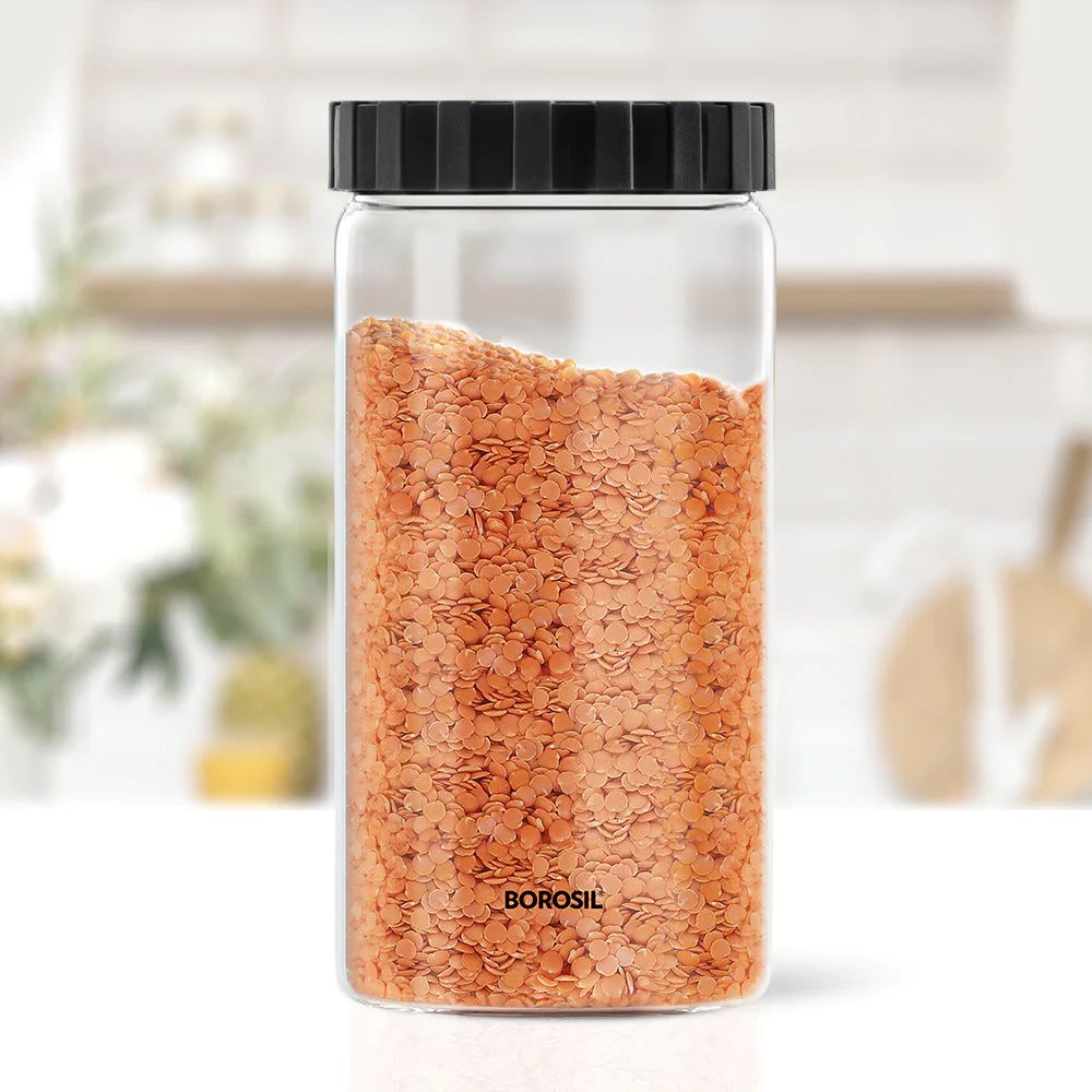 Borosil Endura Airtight Glass Storage Jar with PP Black Lid | Transparent | 1 Pc