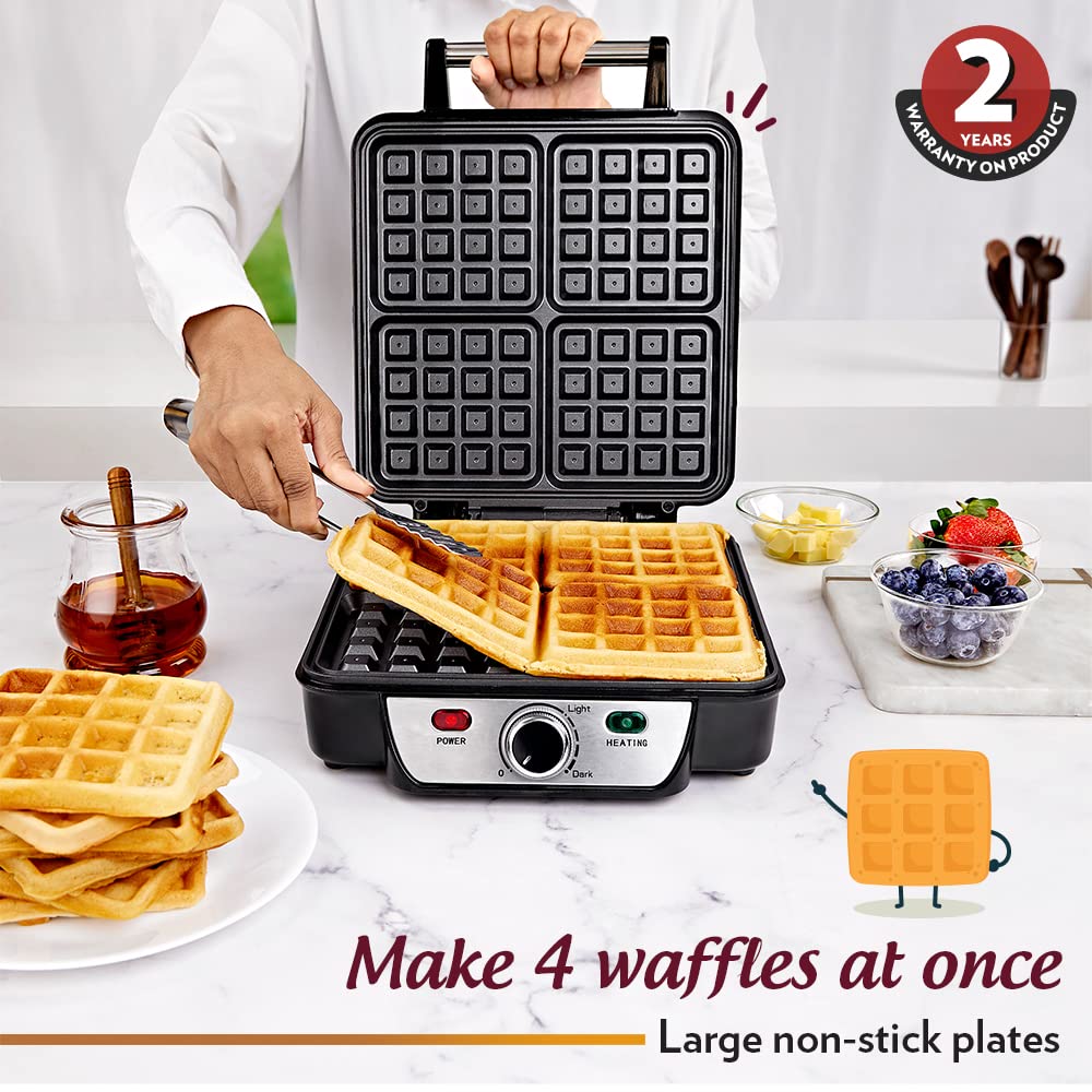 Borosil Jumbo 1100 Watts 4 Slice Waffle Maker | Grey & Black