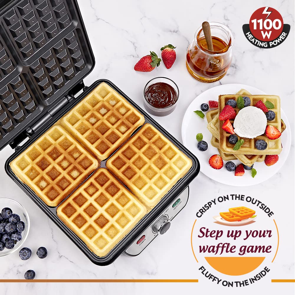 Borosil Jumbo 1100 Watts 4 Slice Waffle Maker | Grey & Black