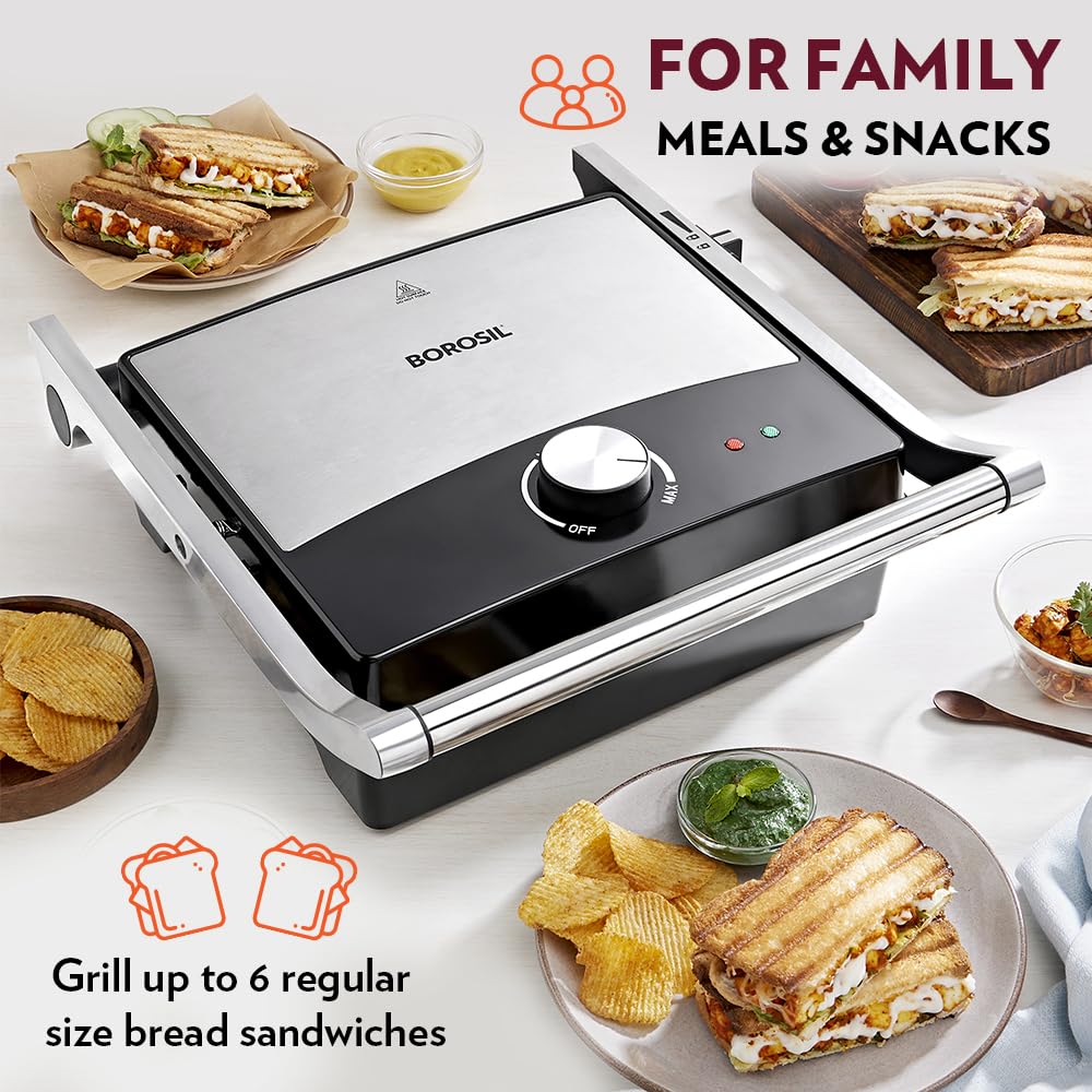 Borosil Mega Jumbo 180° 2000 Watts Grill Sandwich Maker | Silver & Black