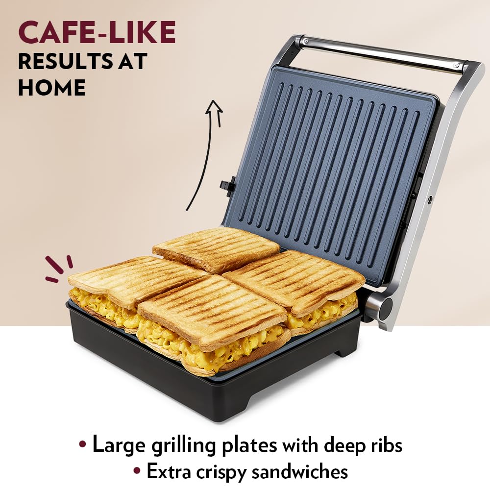 Borosil Mega Jumbo 180° 2000 Watts Grill Sandwich Maker | Silver & Black