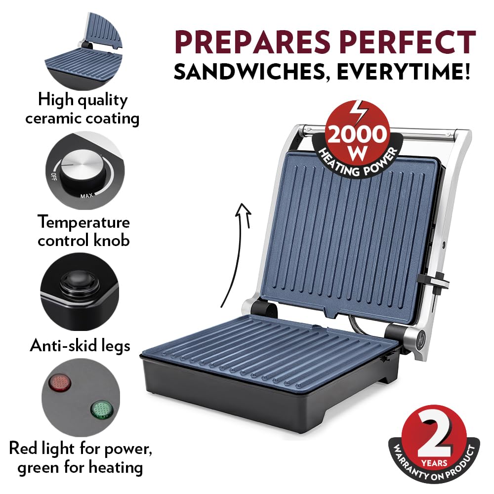 Borosil Mega Jumbo 180° 2000 Watts Grill Sandwich Maker | Silver & Black