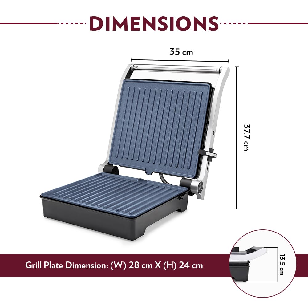 Borosil Mega Jumbo 180° 2000 Watts Grill Sandwich Maker | Silver & Black