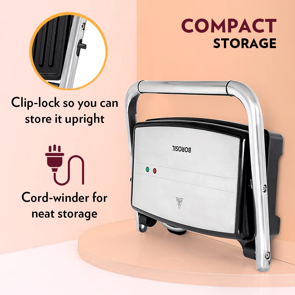 Borosil Jumbo 180° 1500 Watts Grill Sandwich Maker | Silver & Black