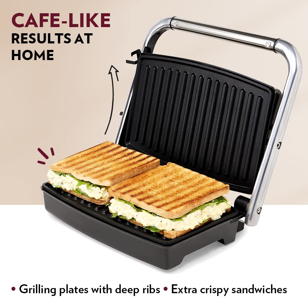 Borosil Jumbo 180° 1500 Watts Grill Sandwich Maker | Silver & Black