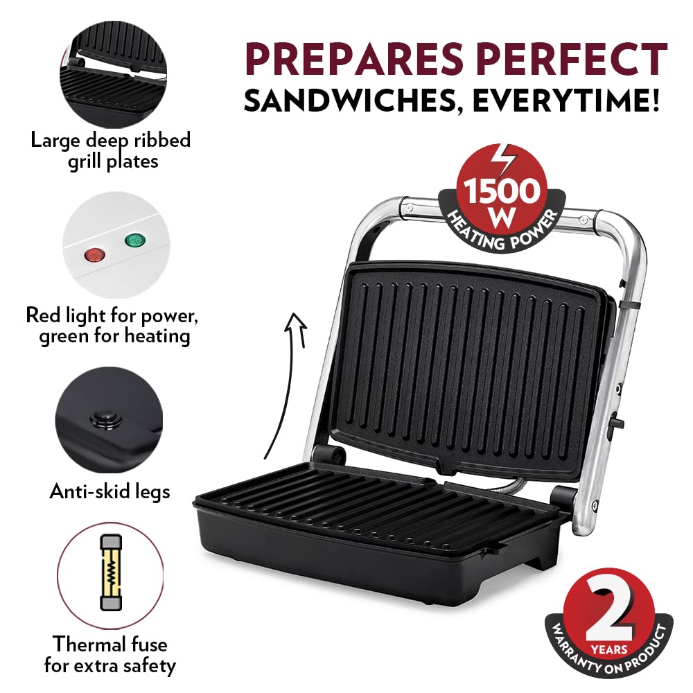 Borosil Jumbo 180° 1500 Watts Grill Sandwich Maker | Silver & Black