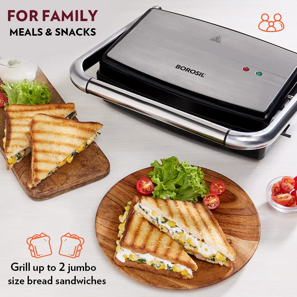 Borosil Jumbo 180° 1500 Watts Grill Sandwich Maker | Silver & Black