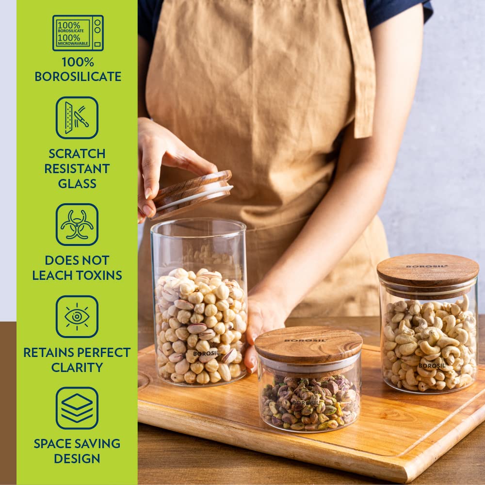 Borosil Classic Jar with Wooden Lid | Transparent | 1 Pc