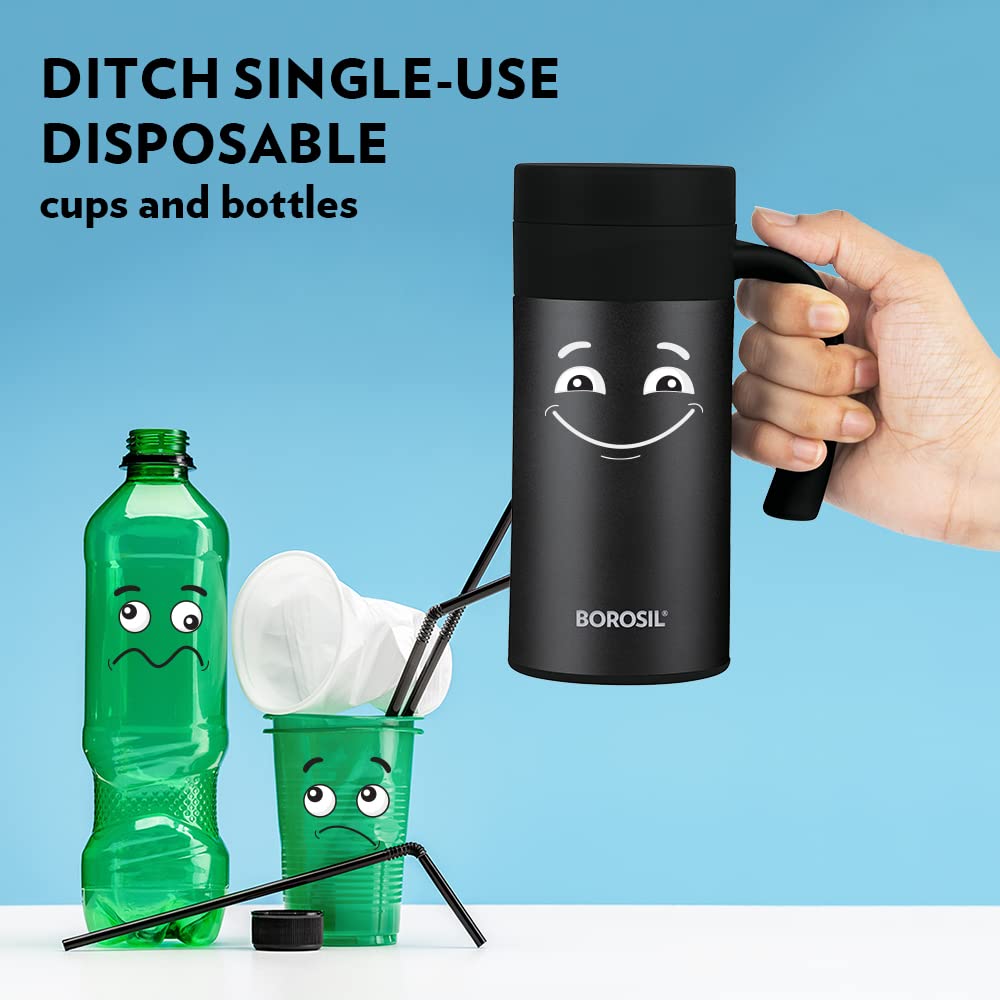 Borosil CafeTime Stainless Steel Insulated 400 ML Travel Mug | Black | 1 Pc