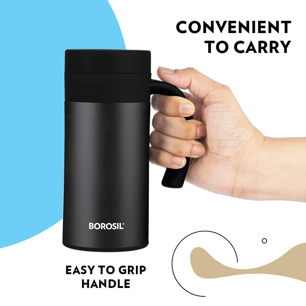 Borosil CafeTime Stainless Steel Insulated 400 ML Travel Mug | Black | 1 Pc