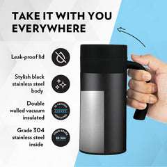 Borosil CafeTime Stainless Steel Insulated 400 ML Travel Mug | Black | 1 Pc