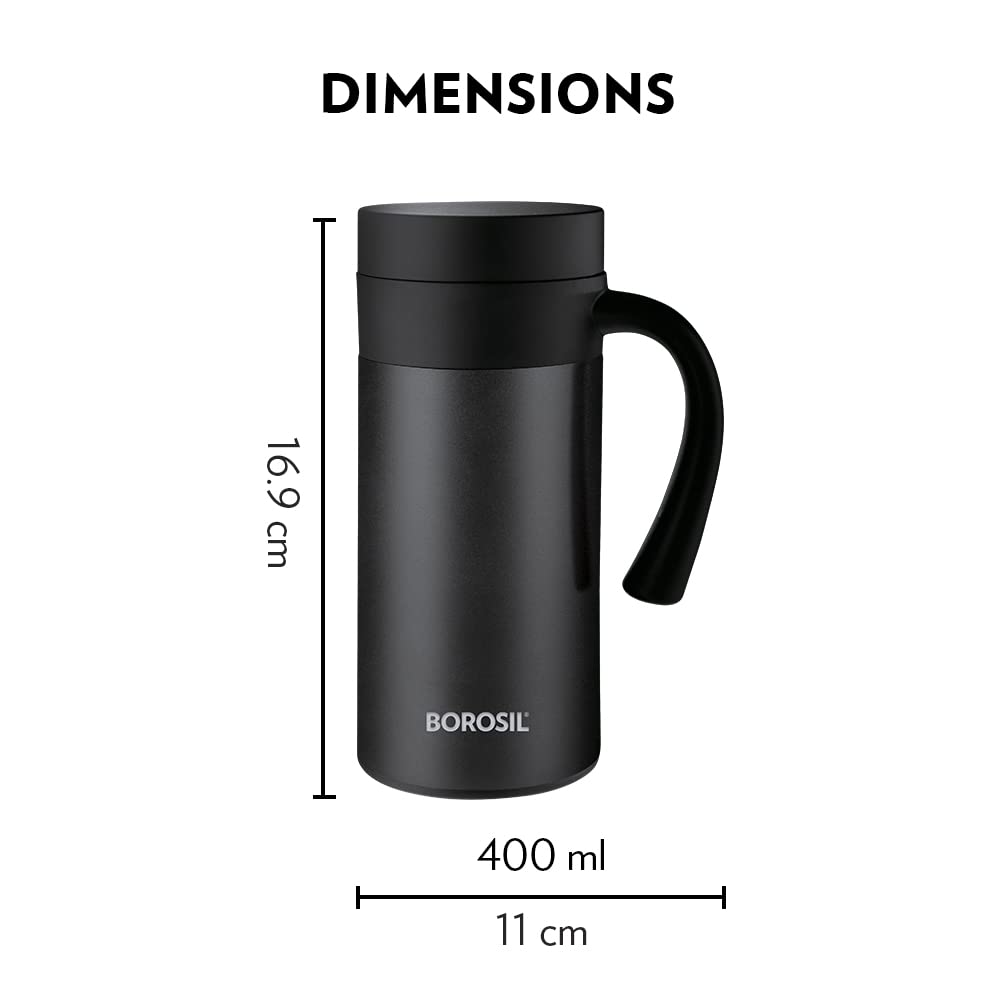 Borosil CafeTime Stainless Steel Insulated 400 ML Travel Mug | Black | 1 Pc