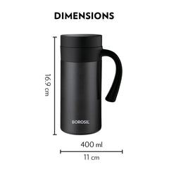 Borosil CafeTime Stainless Steel Insulated 400 ML Travel Mug | Black | 1 Pc