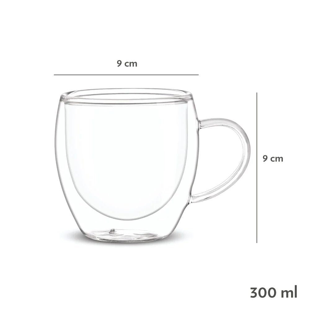 Borosil Java 300 ML Double Wall Glass Mug | Transparent | Set of 2 Pcs