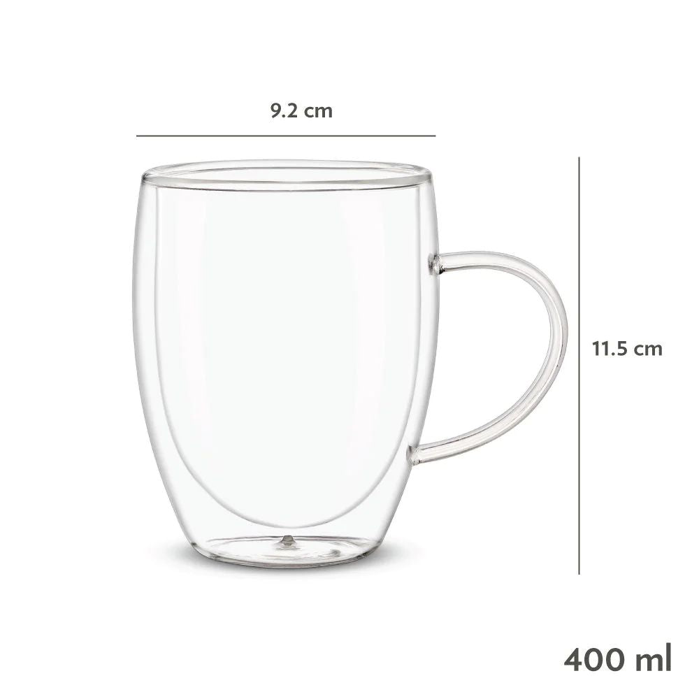 Borosil Mia 400 ML Double Wall Glass Mug | Transparent | Set of 2 Pcs