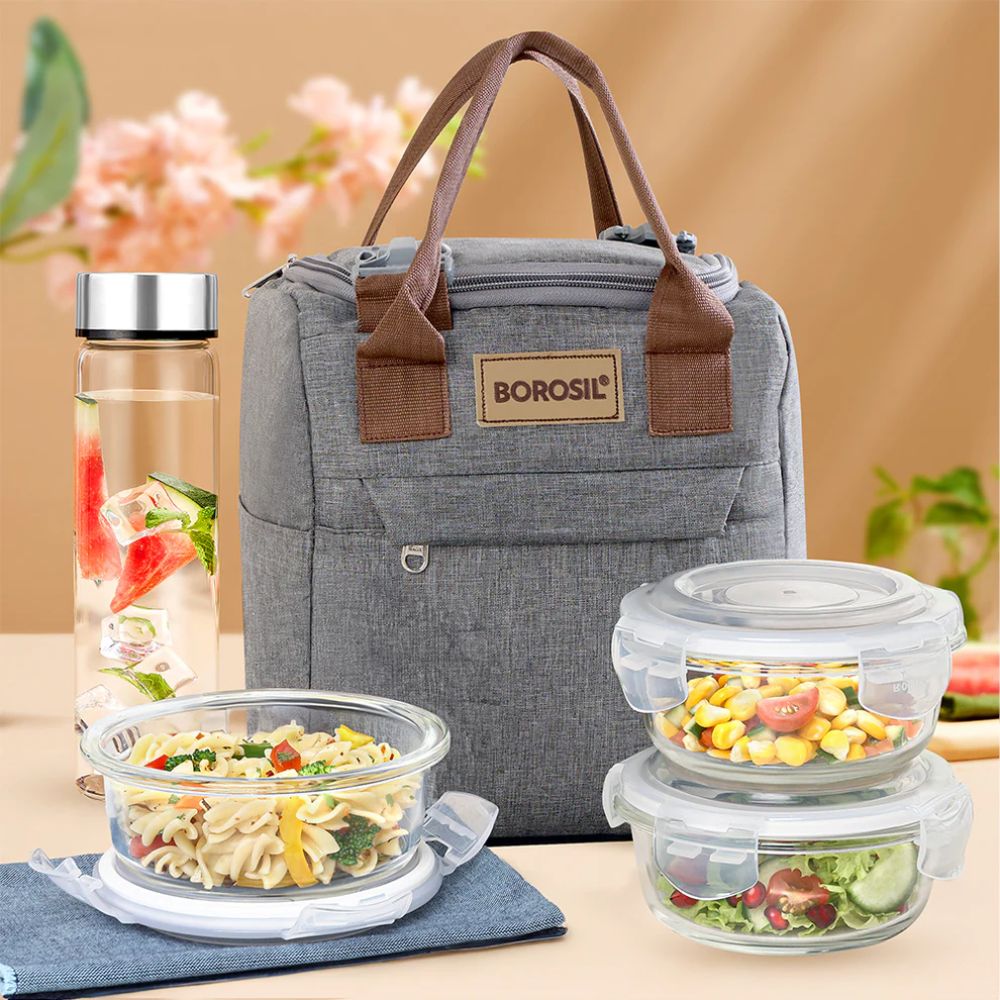 Borosil Glass Pro 3 Containers Lunch Box with Glass Bottle | Lunch Bag | Microwave Safe | Set of 4 Pcs