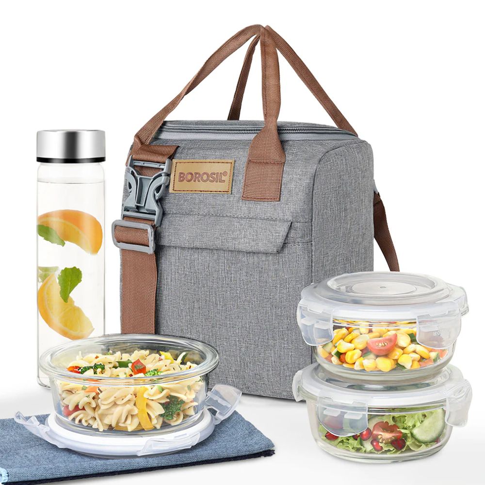 Borosil Glass Pro 3 Containers Lunch Box with Glass Bottle | Lunch Bag | Microwave Safe | Set of 4 Pcs