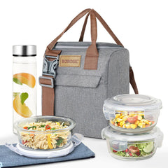 Borosil Glass Pro 3 Containers Lunch Box with Glass Bottle | Lunch Bag | Microwave Safe | Set of 4 Pcs