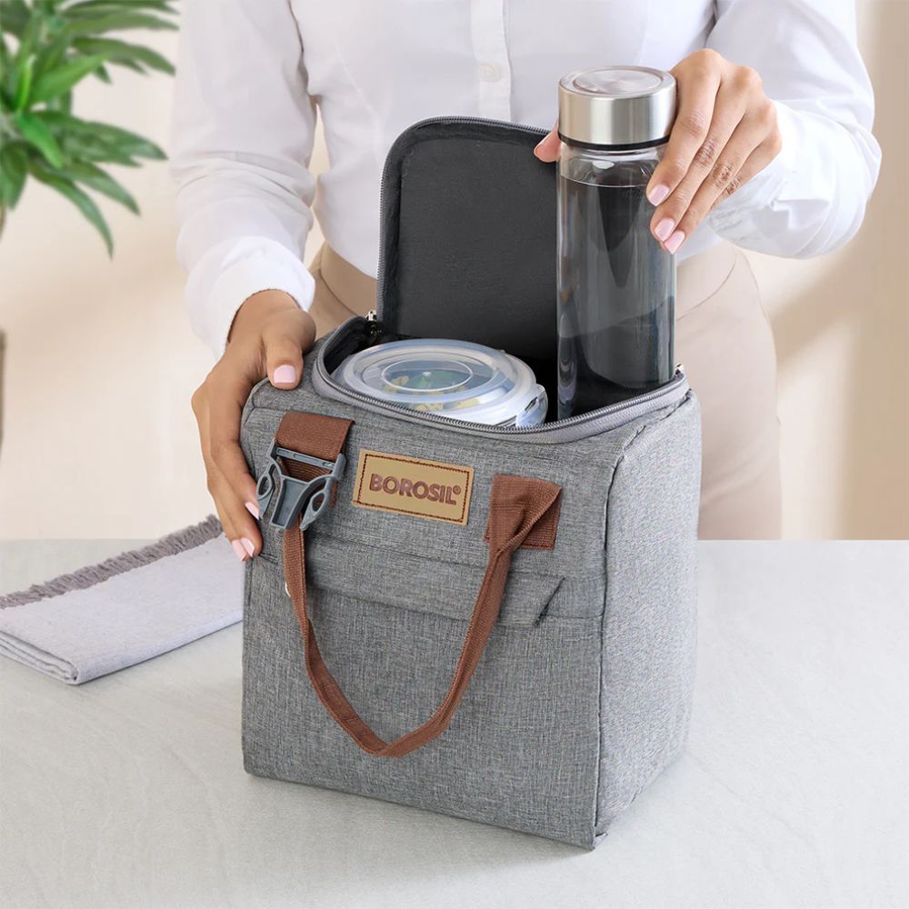 Borosil Glass Pro 3 Containers Lunch Box with Glass Bottle | Lunch Bag | Microwave Safe | Set of 4 Pcs