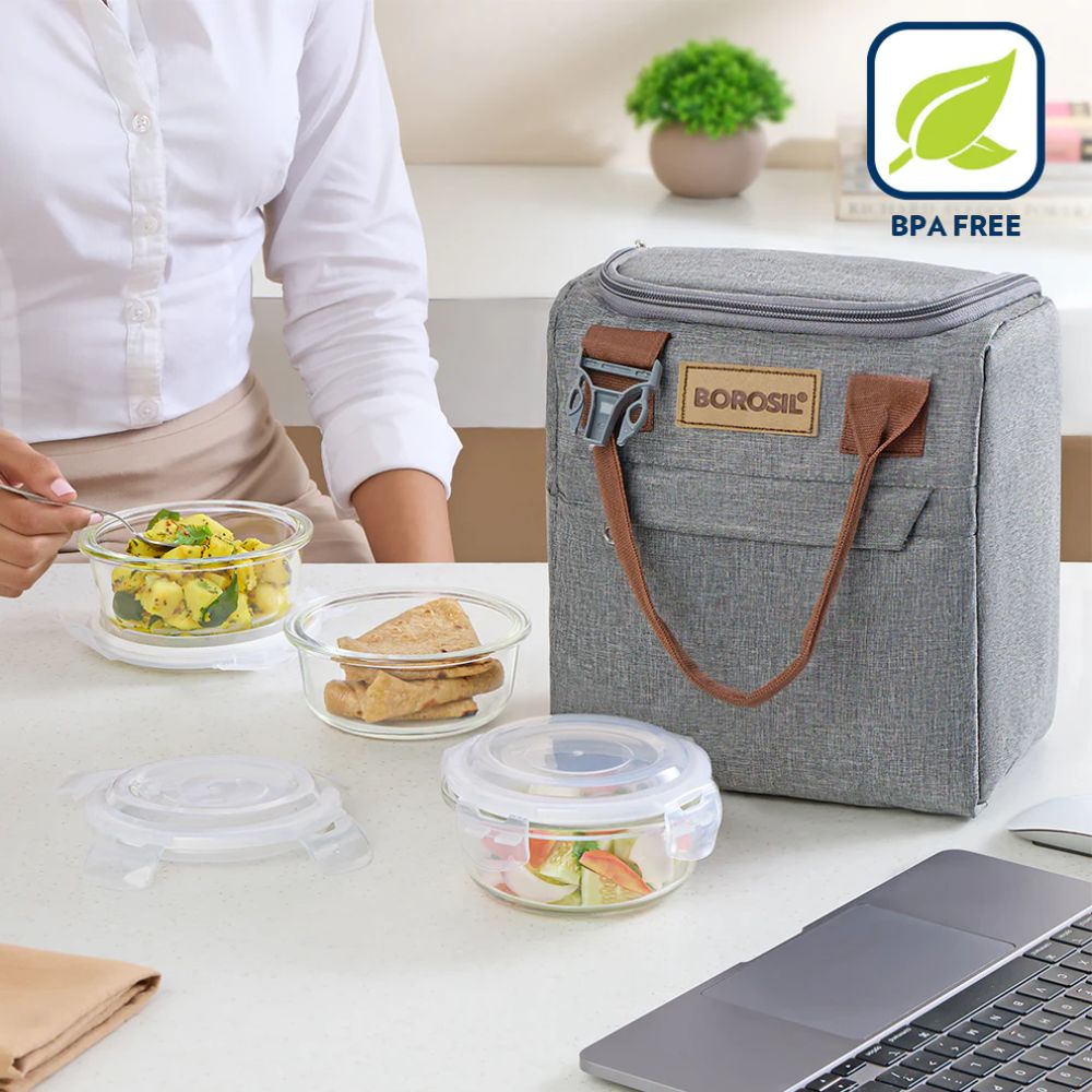 Borosil Glass Pro 3 Containers Lunch Box with Glass Bottle | Lunch Bag | Microwave Safe | Set of 4 Pcs
