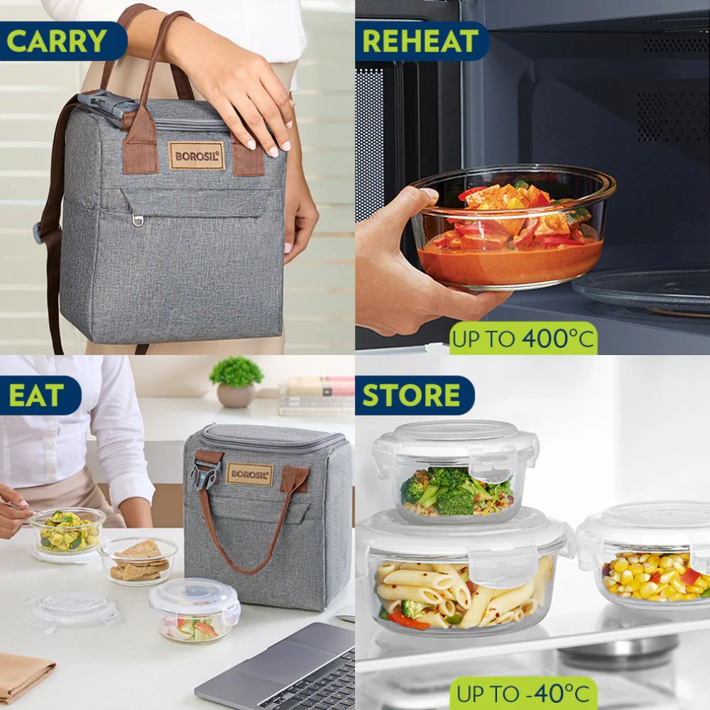 Borosil Glass Pro 3 Containers Lunch Box with Glass Bottle | Lunch Bag | Microwave Safe | Set of 4 Pcs