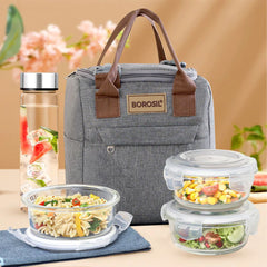 Borosil Glass Pro 3 Containers Lunch Box with Glass Bottle | Lunch Bag | Microwave Safe | Set of 4 Pcs