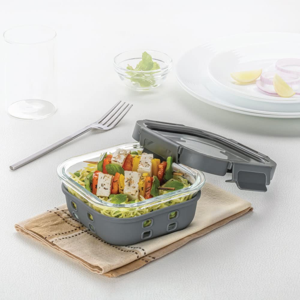Borosil Klip n Store Plus Square Glass Container | Grey | 1 Pc