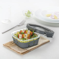 Borosil Klip n Store Plus Square Glass Container | Grey | 1 Pc