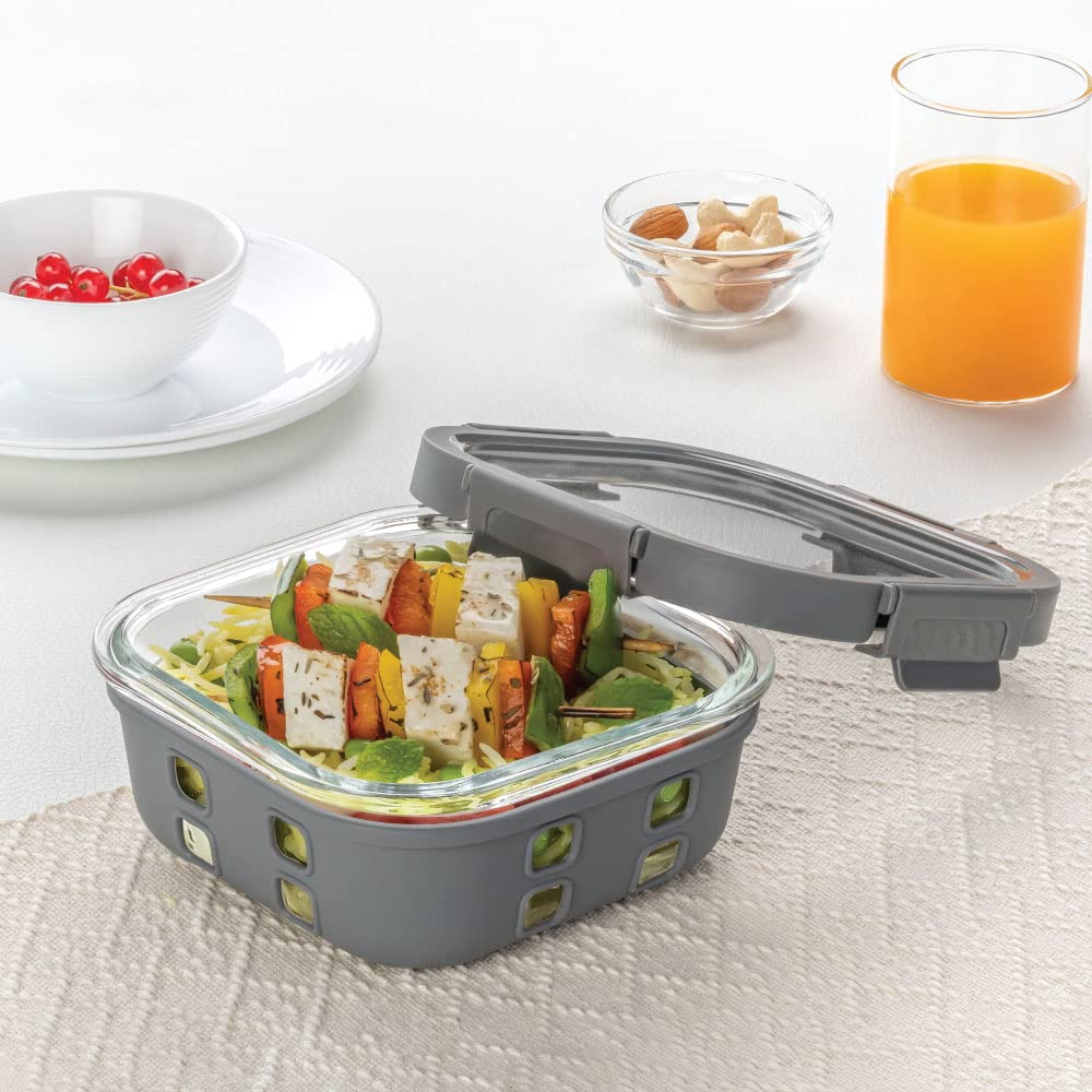 Borosil Klip n Store Plus Square Glass Container | Grey | 1 Pc