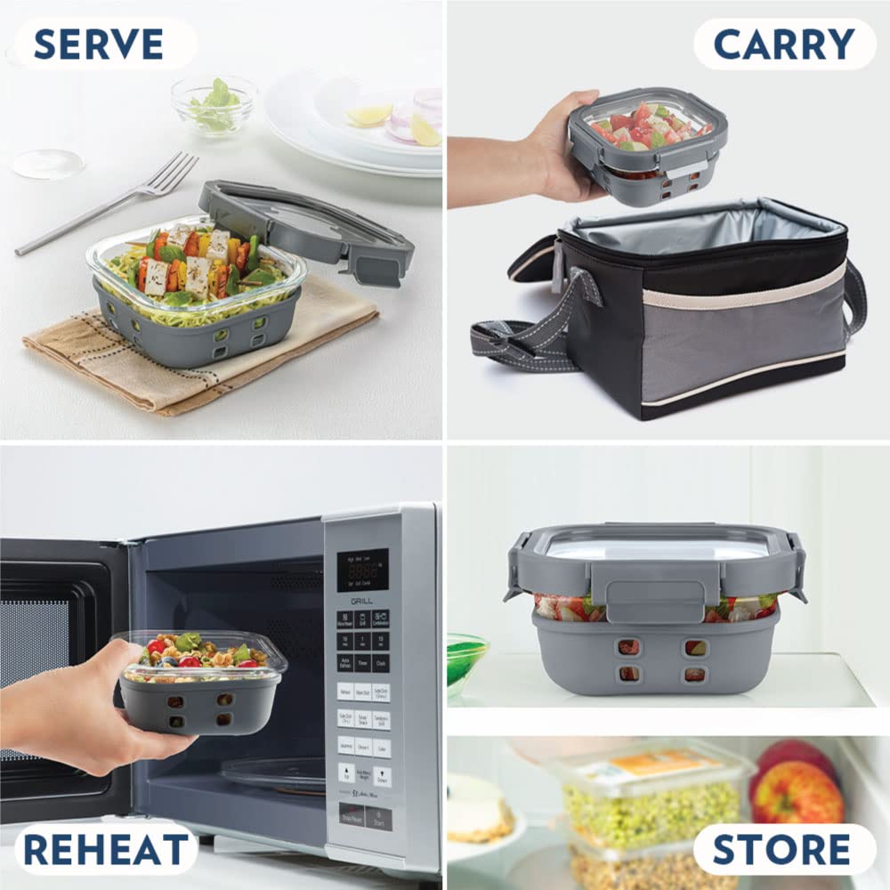 Borosil Klip n Store Plus Square Glass Container | Grey | 1 Pc