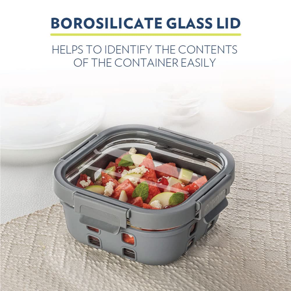 Borosil Klip n Store Plus Square Glass Container | Grey | 1 Pc