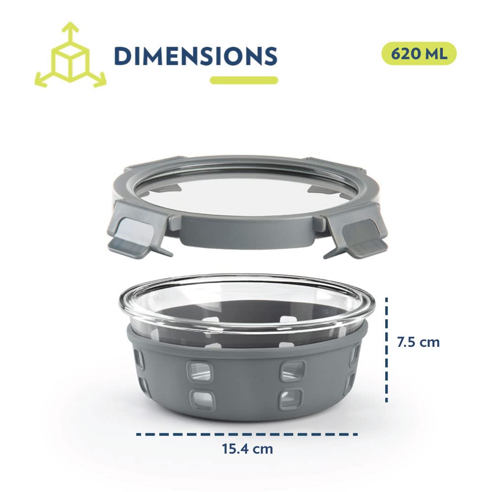 Borosil Klip n Store Plus Round Glass Container | Grey | 1 Pc