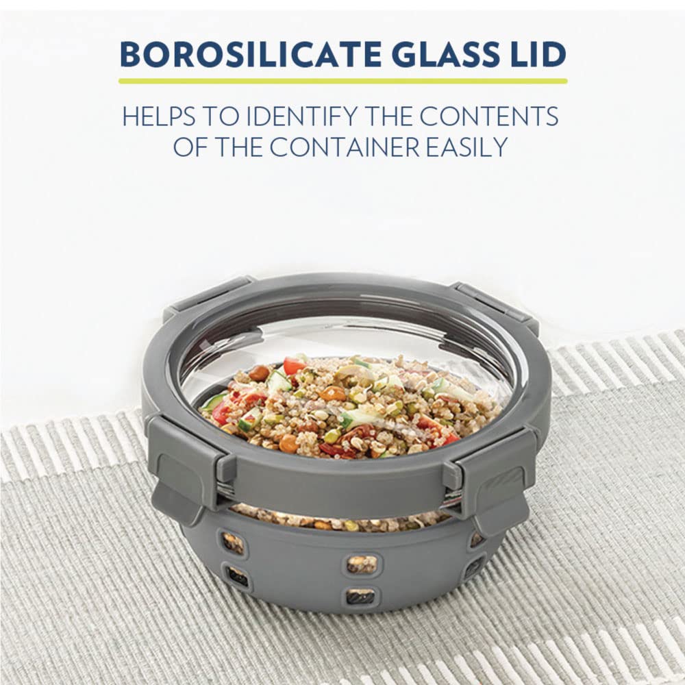 Borosil Klip n Store Plus Round Glass Container | Grey | 1 Pc