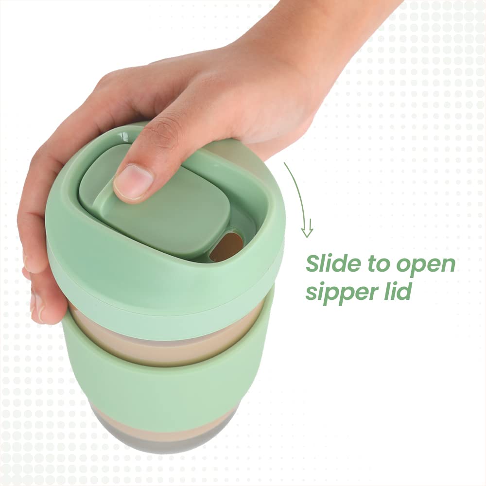 Borosil Glass 300 ML Travel Mug with Silicone Sleeve | Green | 1 Pc