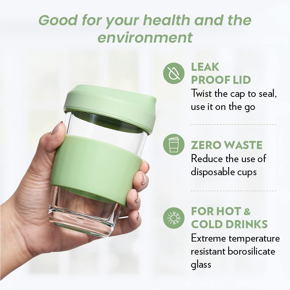 Borosil Glass 300 ML Travel Mug with Silicone Sleeve | Green | 1 Pc