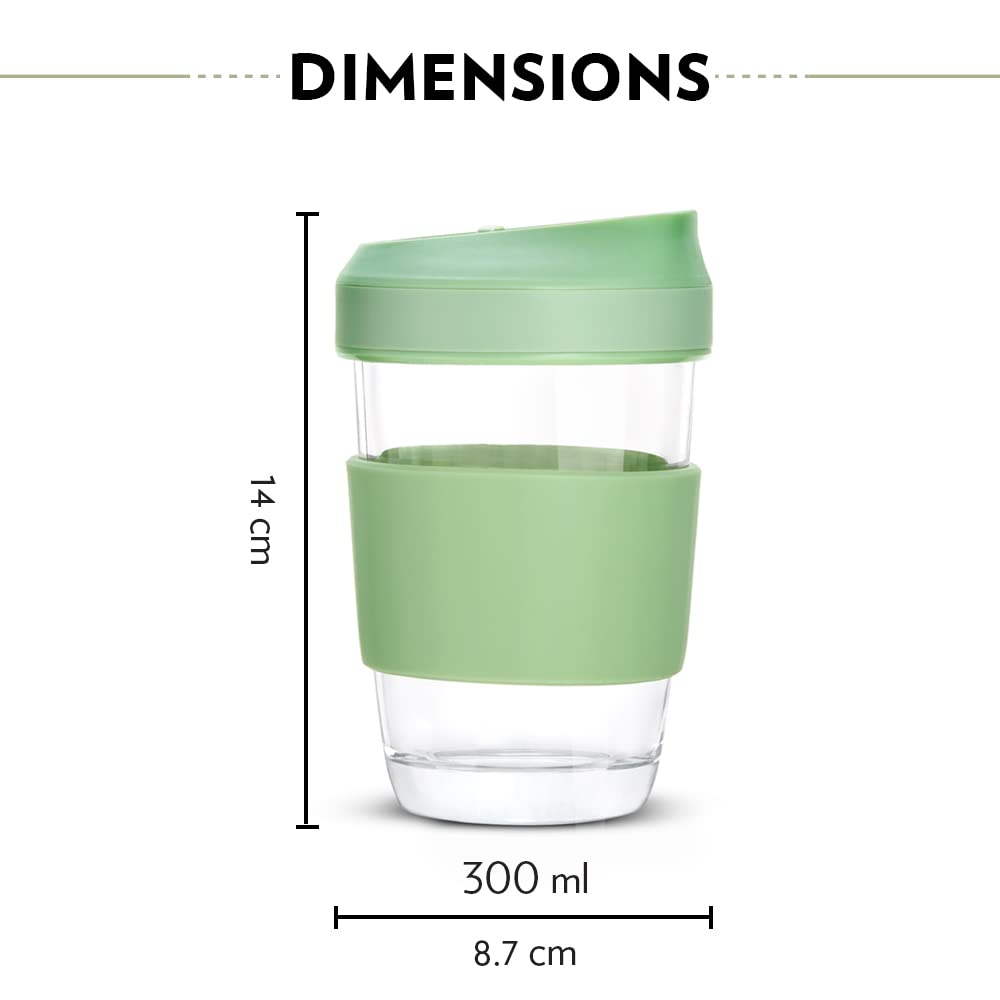 Borosil Glass 300 ML Travel Mug with Silicone Sleeve | Green | 1 Pc