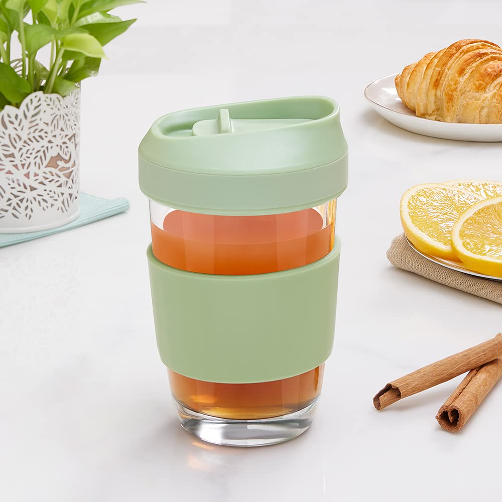 Borosil Glass 300 ML Travel Mug with Silicone Sleeve | Green | 1 Pc