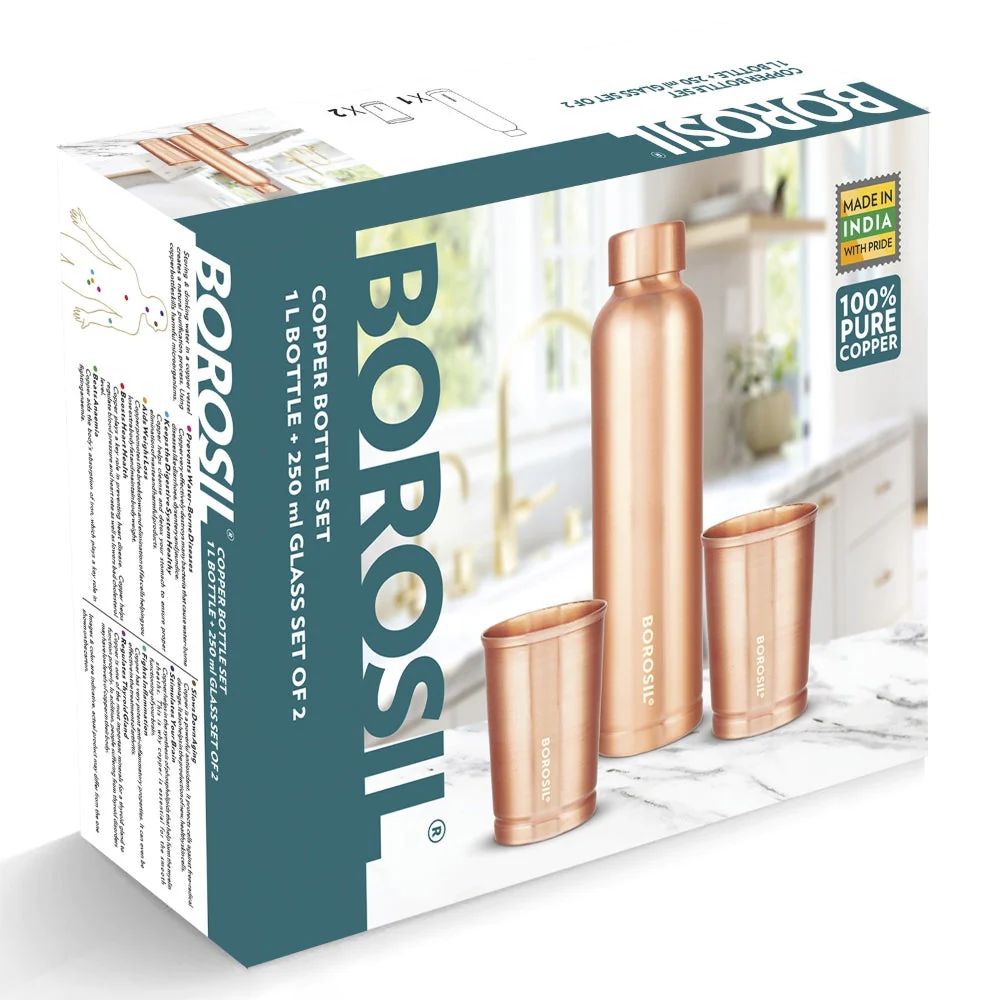 Borosil ECO Copper Bottle & Glass Set | Unique Gift Set | Set of 3 Pcs