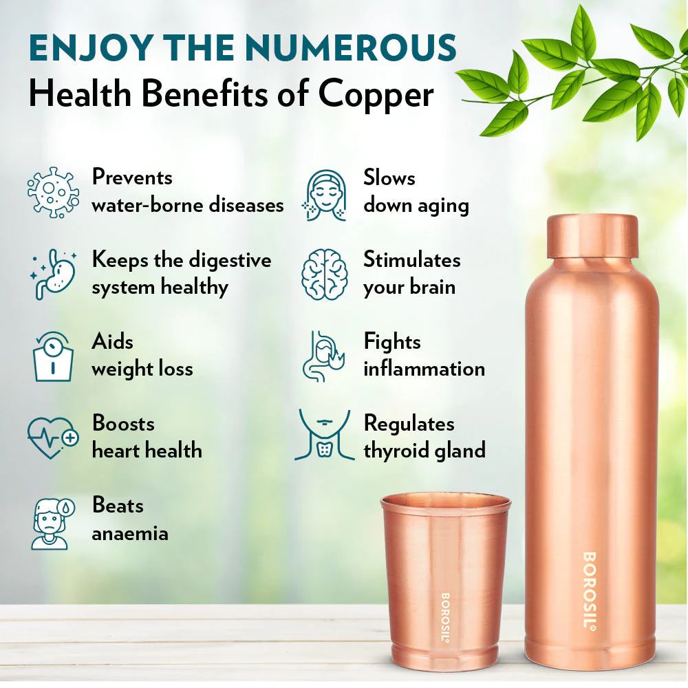 Borosil ECO Copper Bottle & Glass Set | Unique Gift Set | Set of 3 Pcs