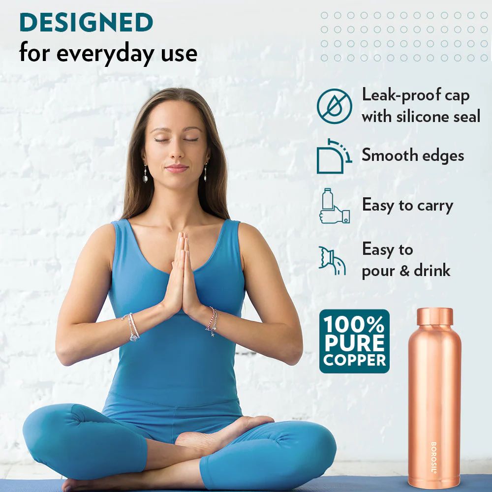 Borosil ECO Copper Bottle & Glass Set | Unique Gift Set | Set of 3 Pcs