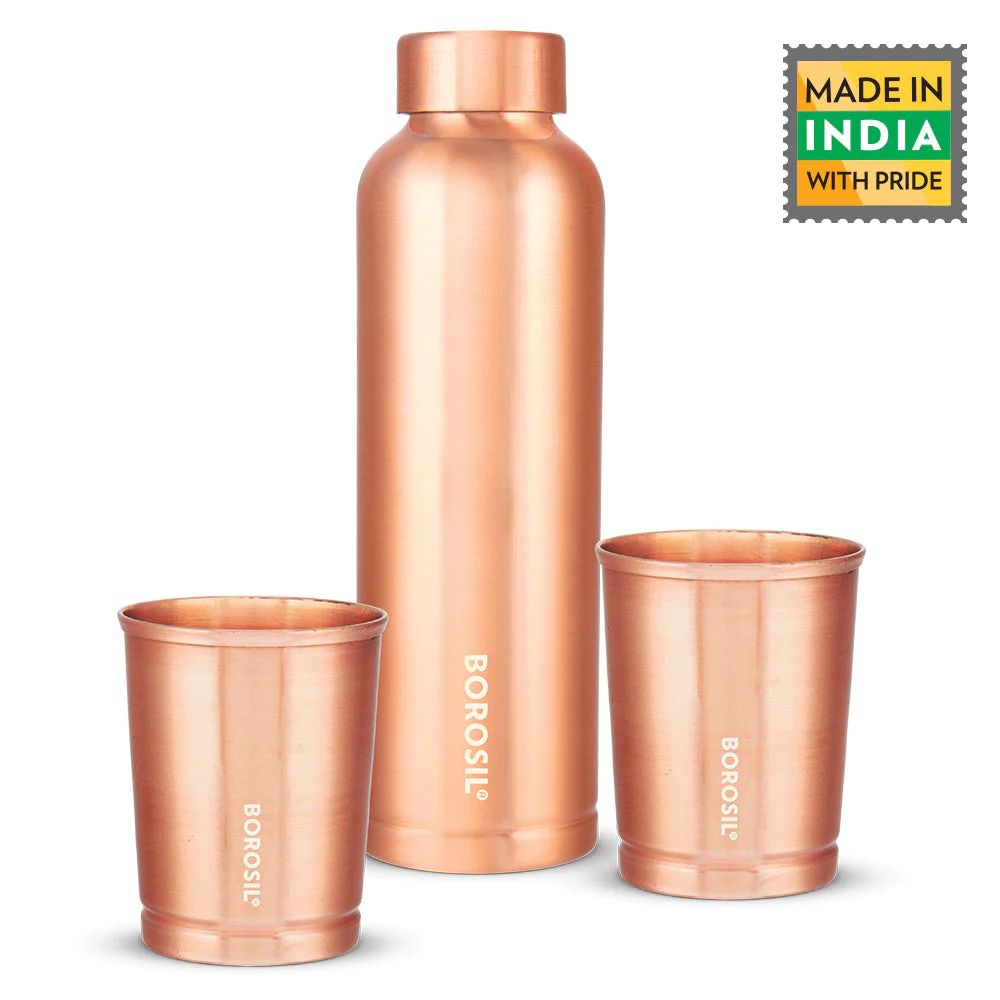 Borosil ECO Copper Bottle & Glass Set | Unique Gift Set | Set of 3 Pcs