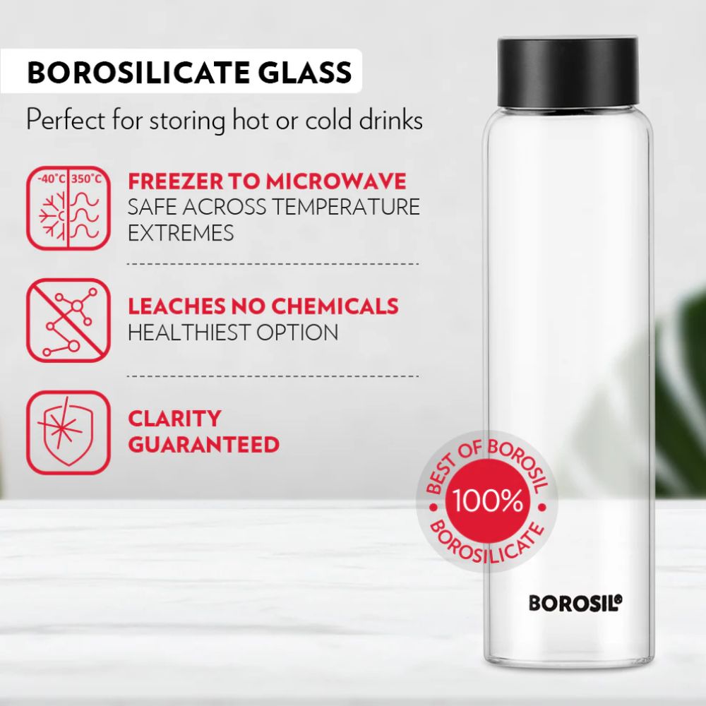 Borosil Crysto Glass 1000 ML Bottle with Black Lid | Transparent | 1 Pc