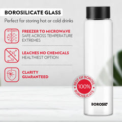 Borosil Crysto Glass 1000 ML Bottle with Black Lid | Transparent | 1 Pc