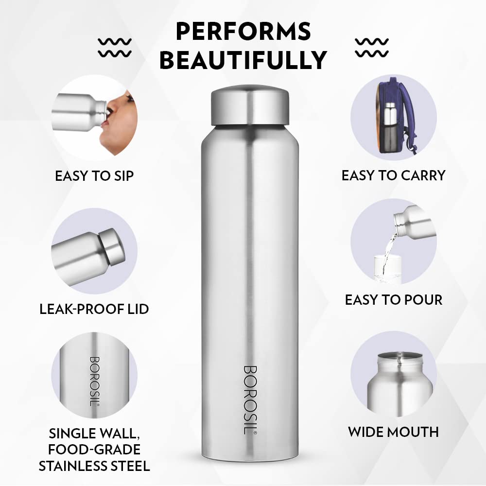 Borosil Stainless Steel Aquaslim 1000 ML Vacuum Insulated Water Bottle | Silver | 1 Pc