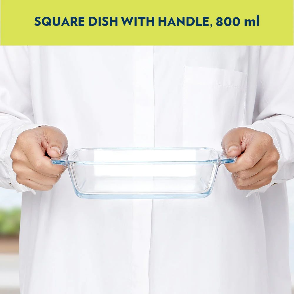 Borosil Square Baking Dish with Handle | Microwave & Oven Safe | Transparent | 1 Pc