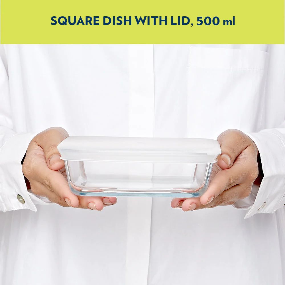 Borosil Square Baking Dish with Lid | Microwave & Oven Safe | Transparent | 1 Pc