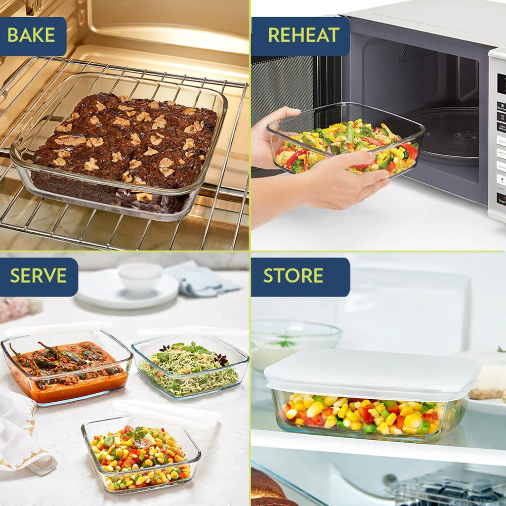 Borosil Square Baking Dish with Lid | Microwave & Oven Safe | Transparent | 1 Pc