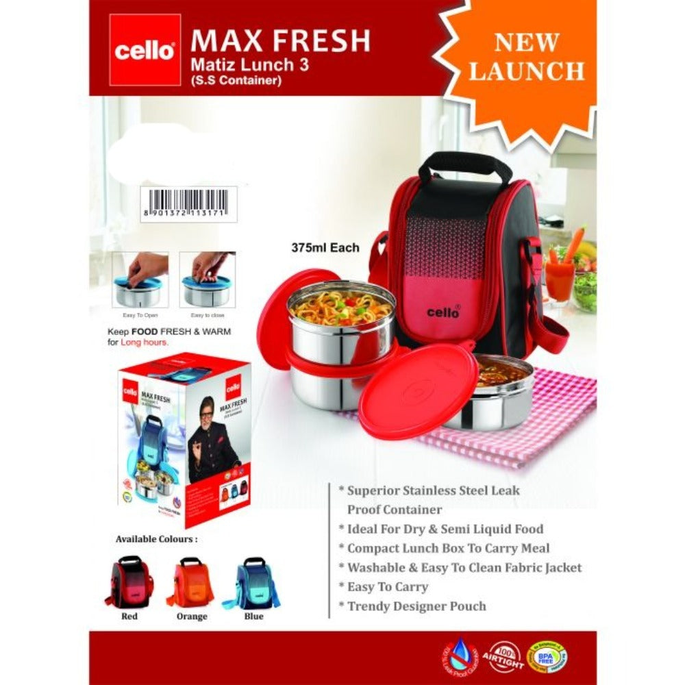 Cello Stainless Steel Matiz Max Fresh 3 Container Lunch Box